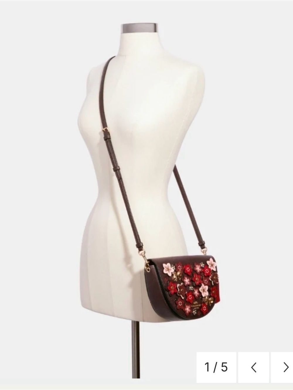 Coach Floral Appliqué Saddle Crossbody Bag in Burgundy with Pink and Red Accents - Picture 2 of 8
